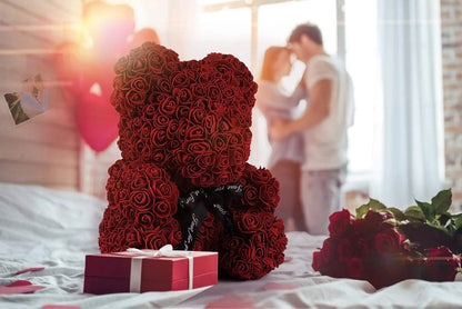 10-Inch Wine Red Rose Flower Bear – Perfect Gift for Valentine’s, Mother’s Day, and Christmas